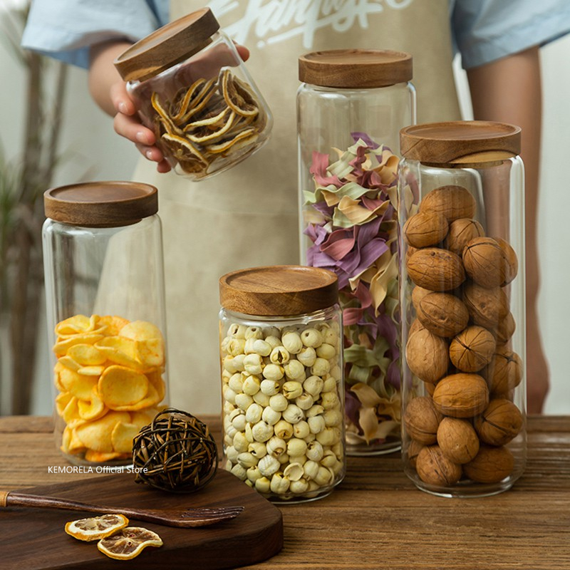 Food Storage Glass Jar - غطاء خشبي زجاجي محكم علبة المطبخ