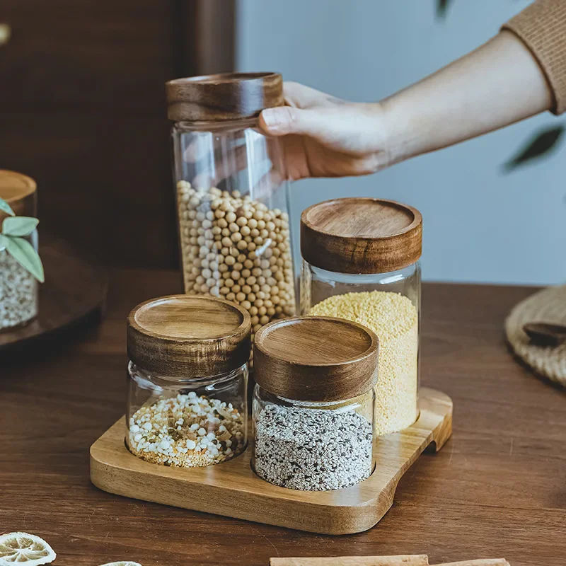 Food Storage Glass Jar - وعاء زجاجي بغطاء خشبي ، علبة