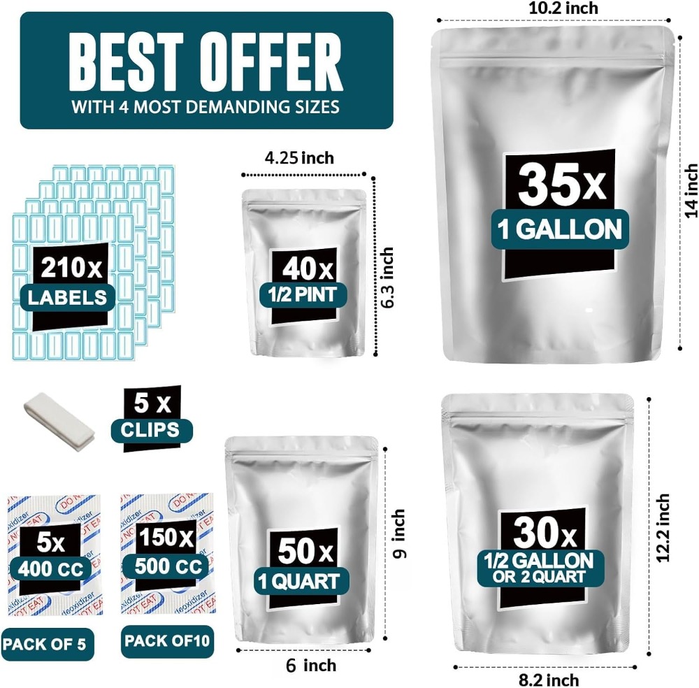 155 كيس مايلر مع 155 ممتص للأك - مراجعة Food Storage Mylar Bags وسعره